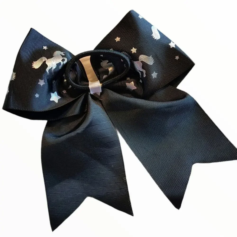 Large Boutique Bow Black and Silver Metallic Unicorn Stars Hair Tie